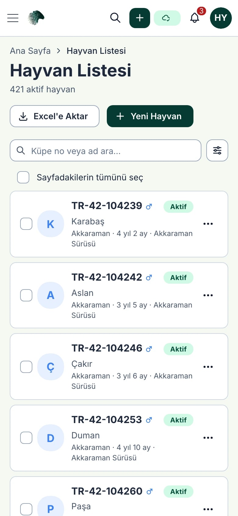 Hayvan listesi: küpe no, ırk, cinsiyet, doğum tarihi, sürü, padok ve ağırlık sütunları