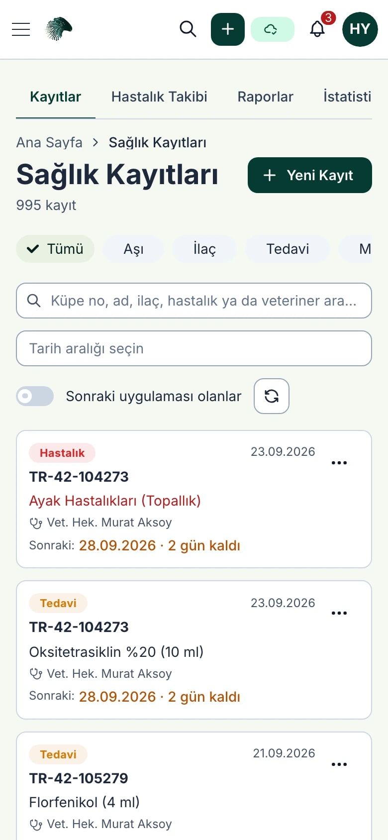Sağlık kayıtları ekranı: aşılar, tedaviler ve muayeneler